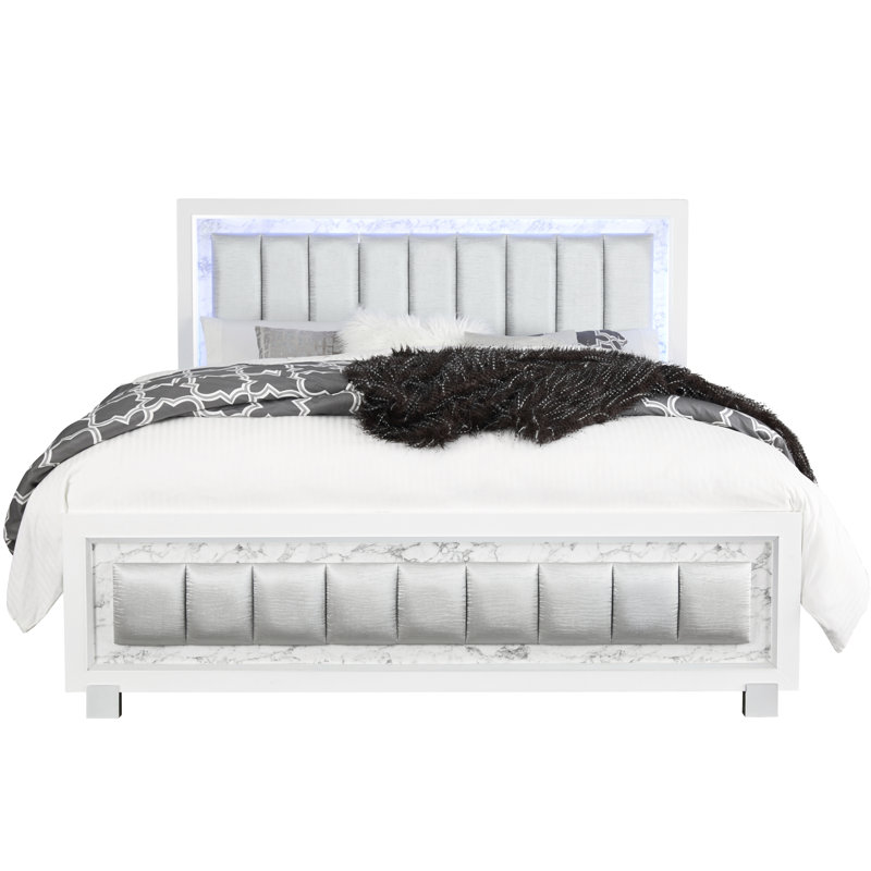 Grand lit blanc avec tête de lit et panneau lumineux, tête de lit rembourrée, structure en bois d'hévéa, mobilier de chambre à coucher moderne, bois massif +, 86 po de profondeur, 79 po de largeur, 60 po de hauteur, 117,93 lb, sommier tapissier