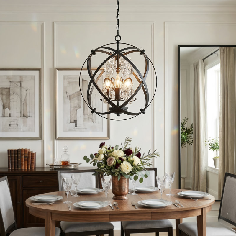Rappaport 4 - Light 17"W Dimmable Globe Chandelier with Crystal Accents, Black