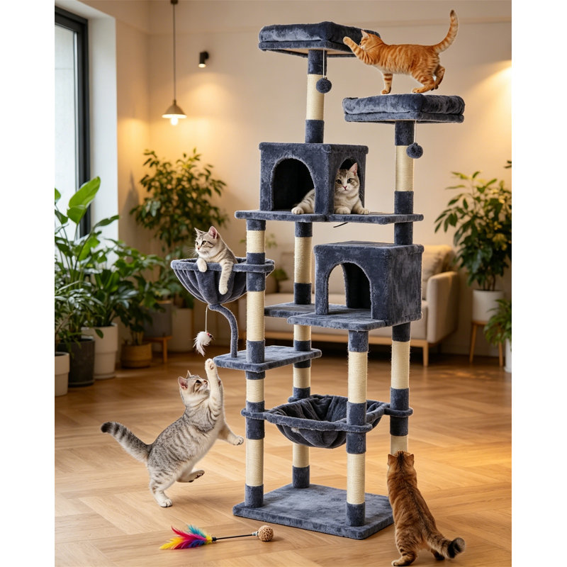 Tour à chat 71 po avec condo, poteaux à griffer, hamac et panier pour chats d'intérieur 71 po, Gris foncé