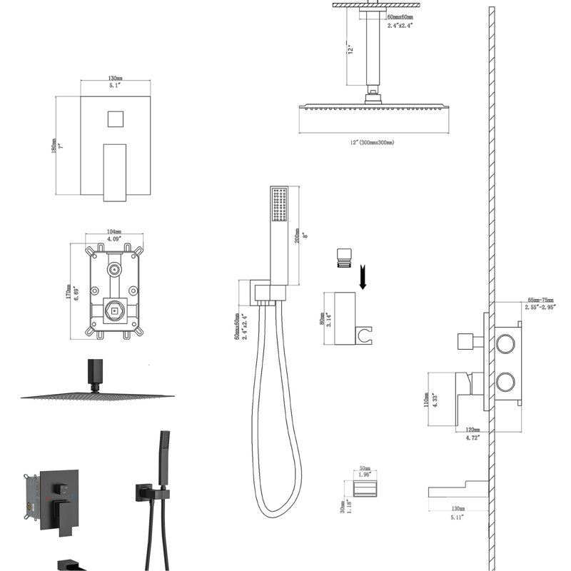 Système de douche noir mat avec bec de baignoire en cascade - douchette de pluie carrée à fixation au plafond de 12 pouces, douche à main, valve, installation facile et pratiques de propreté selon les pratiques