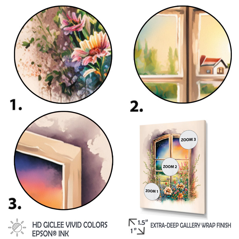 Été coucher de soleil floral fenêtre I - décoration murale fenêtres de ferme, Cadre photo noir, H 20 po x l 12 po