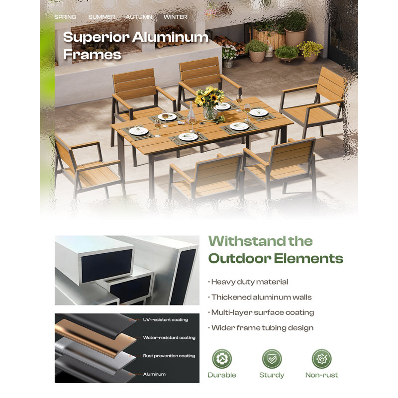 Ensemble de salle à manger d'extérieur en aluminium pour 4 personnes avec table rectangulaire en polystyrène expansé de 170 cm et chaises en textilène