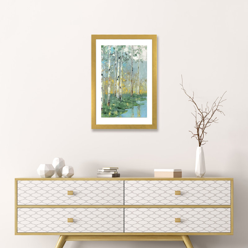 " Birch Reflections III " by Sally Swatland, 24" H x 16" W x 1" D, Gold Framed Paper