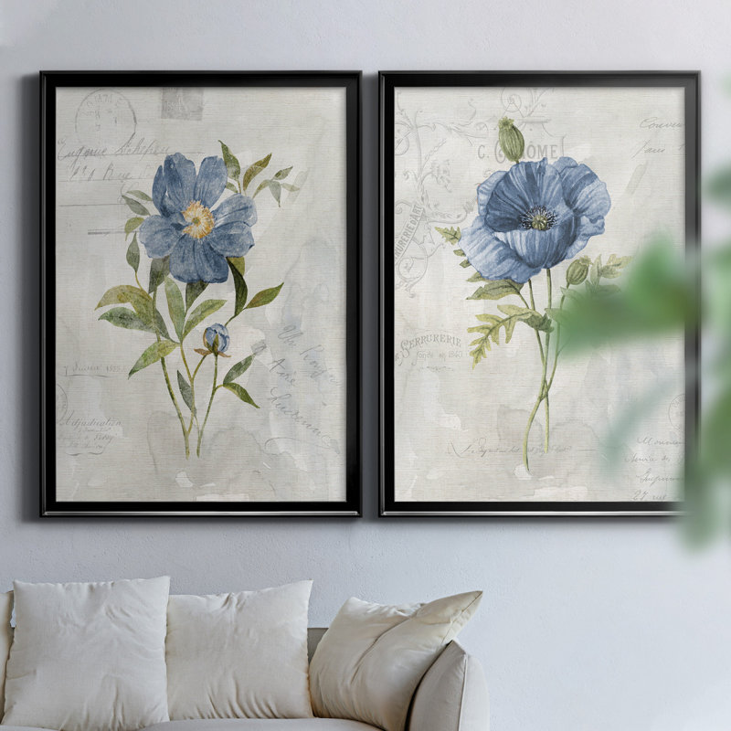 Blue Linen Peony - ensemble de 2 reproductions d'art, Pas de tapis, Toile avec cadre noir, H 30,5 po x l 42,5 po x P 3 po