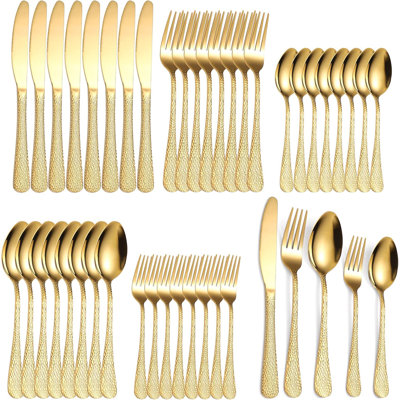 Ensemble de couverts 40 pièces pour 8 ustensiles de cuisine en acier inoxydable avec poignées martelées élégantes pour un usage quotidien et des occasions spéciales