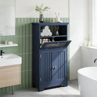 Navy Bathroom Storage Cabinet With Flip Glass Drawer, 2 Doors & Adjustable Shelf