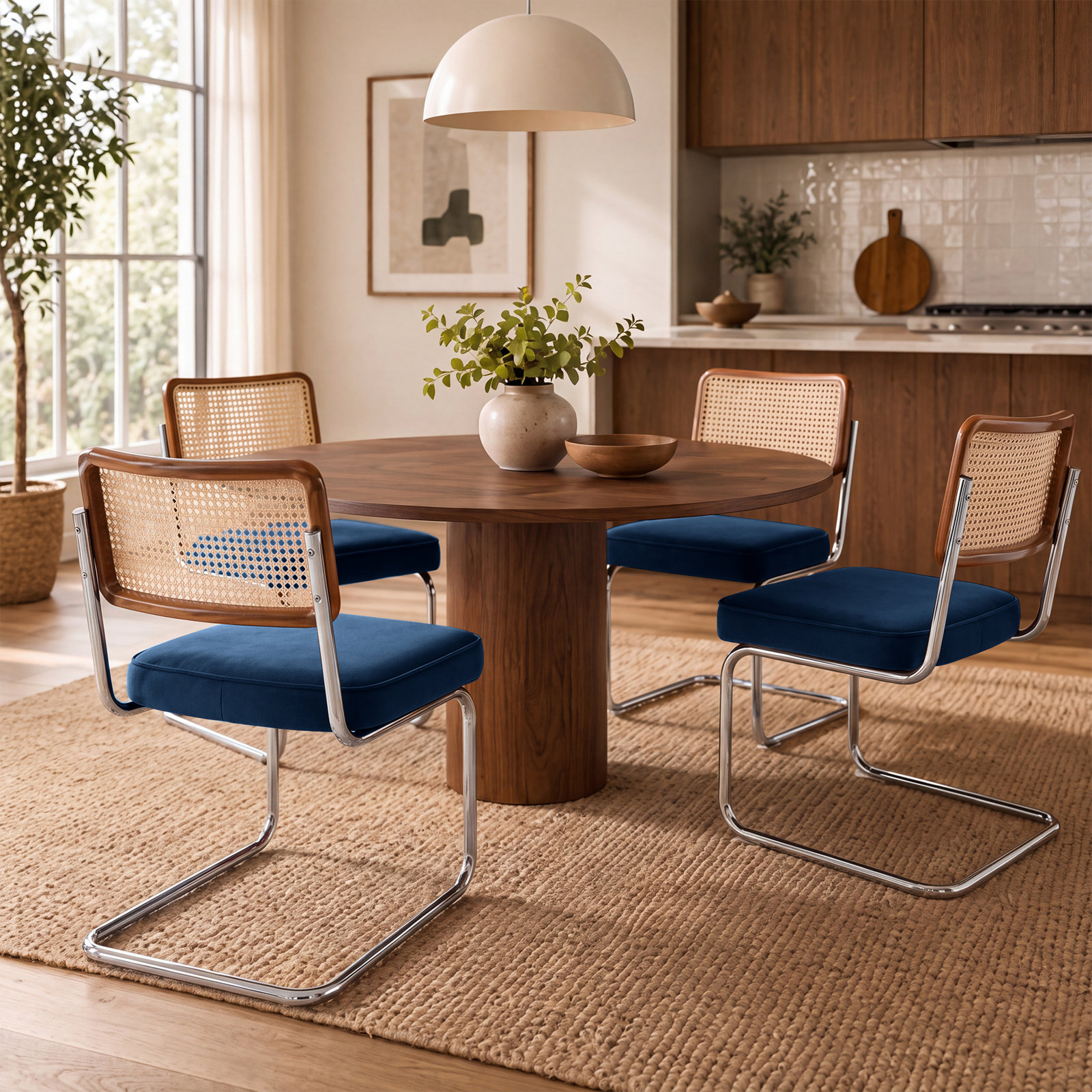 Walton Cantilevered metal dining chairs with rattan back, Steel Blue