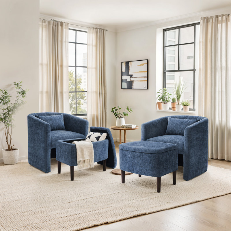 Lane Accent Barrel Chair With Storage Ottoman (Set of 2), Blue Chenille