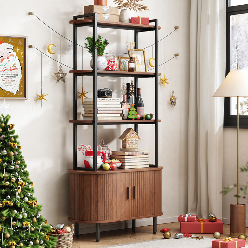 71" Modern Bookcase, 4-Tier Book Shelf With Curved Storage Cabinet and Sliding Door For Living Room, Bedroom.