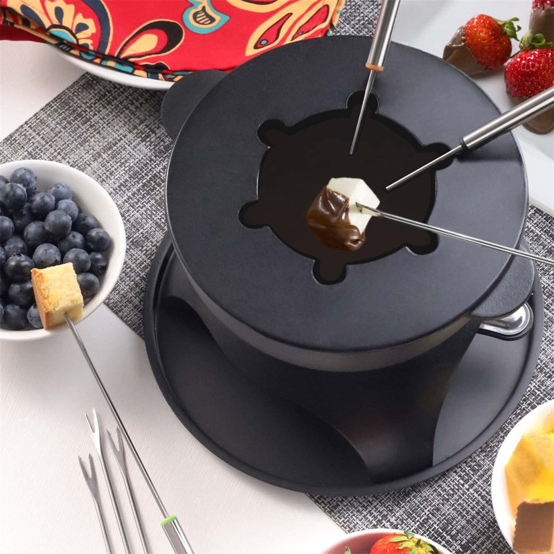 Black Cast Iron Fondue Pot with 6 Colored Forks