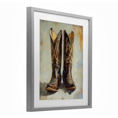 Cowboy Boots over Abstract Pattern Framed Print Under Glass, design by Petal Prints Design