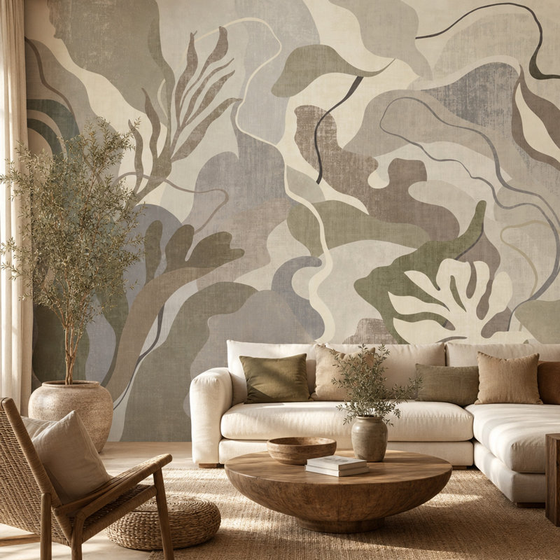 Abstract Botanical Wallpaper Oversized Leaves Muted Neutrals Removable Wall Decor, 160"x108", Peel and Stick