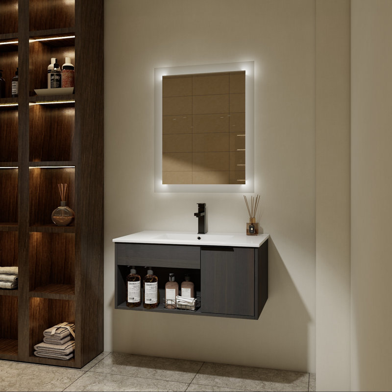 Meuble-lavabo mural avec lavabo en céramique et porte à fermeture en douceur, 30"