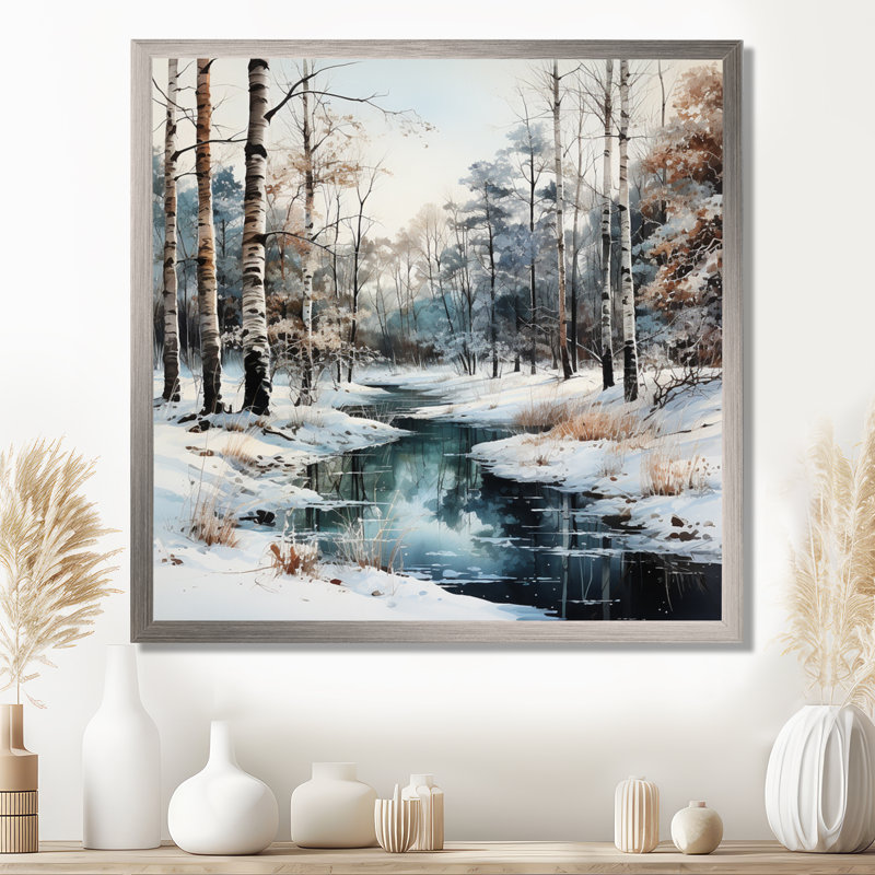 Rivière en forêt, paysage d'hiver - impressions sur toile de forêt, Cadre simple argenté, H 30 po x l 30 po x P 1 po