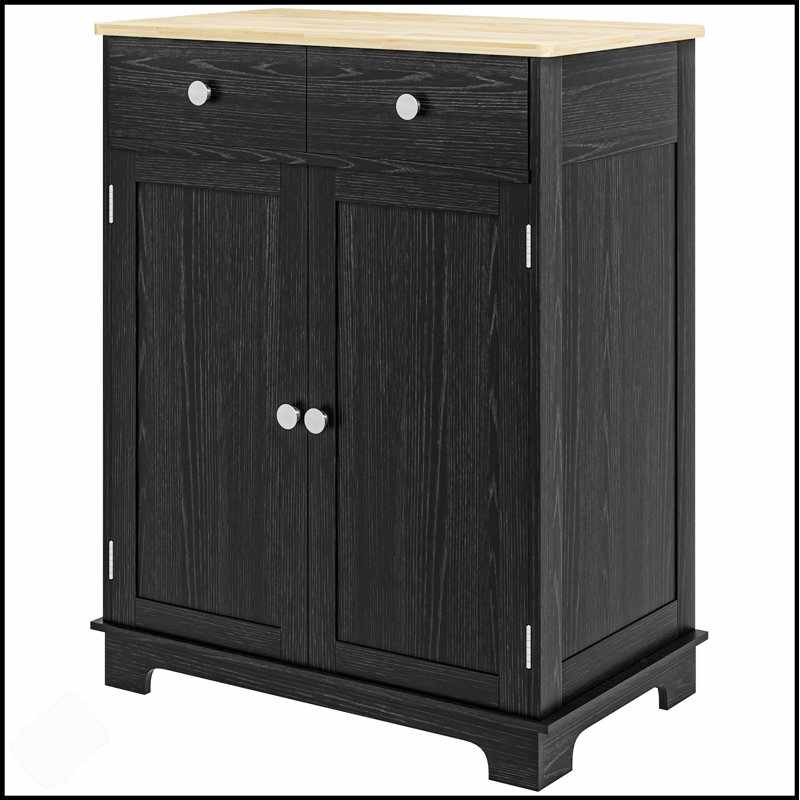 Modern Sideboard With Solid Wood Countertop, Distressed Black Finish, 2 Drawers, Doors, And Adjustable Shelf For Versatile Storage