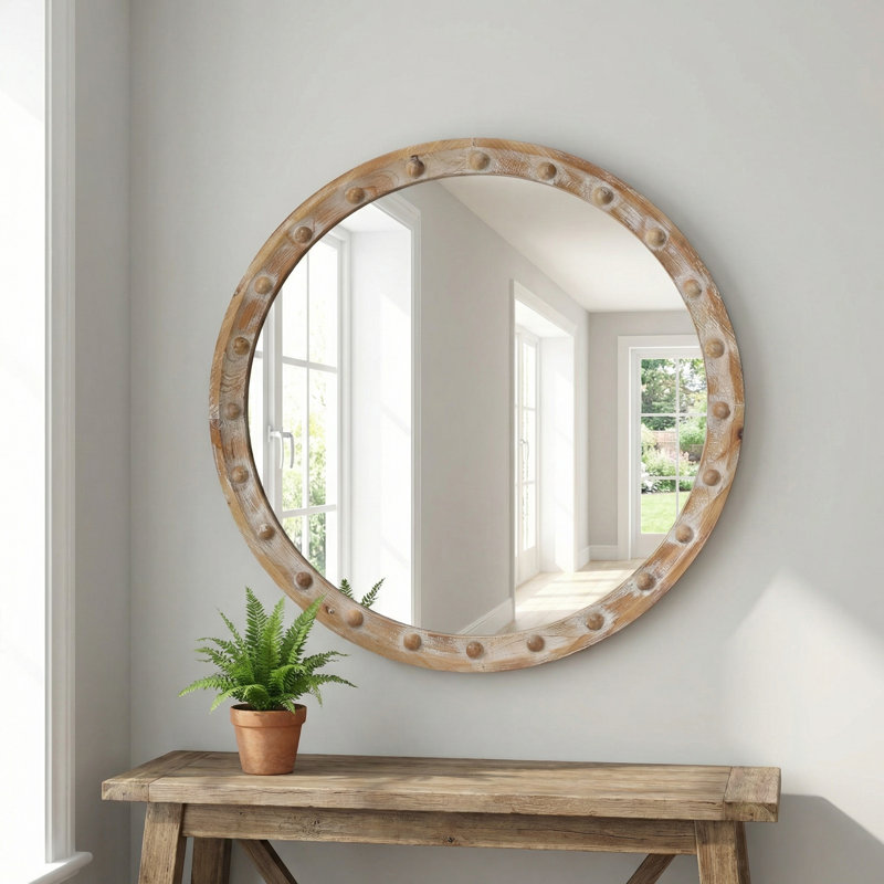 Miroir mural rond rustique 23,62 po avec cadre à rivets et miroir décoratif préinstallé avec grande surface réfléchissante pour le salon de la chambre à coucher, bois naturel