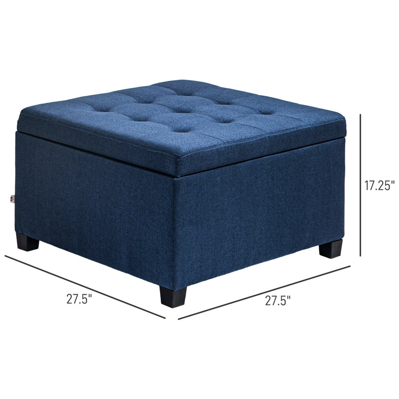 Bleu avec rangement à rabat. Style rétro pour les vestibules. Tissu doux, espace de rangement abondant, couvercle de siège à charnière sécuritaire. Des espaces de vie attrayants. Revêtement rembourré et spacieux, conception sécuritaire