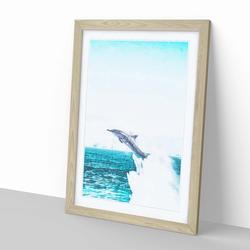 Jumping Dolphin Abstract Art - Framed Print, Oak, 60cm H x 40cm W x 2cm D