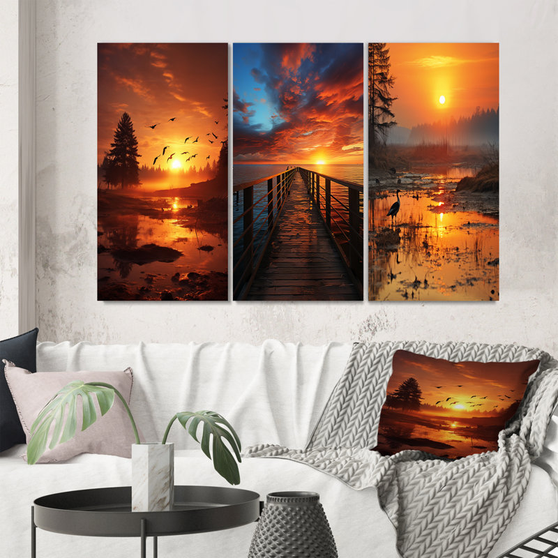 «Sunrise Morning At The Lake», 3 pièces sur toile, H 32 po x l 48 po, Toile tendue