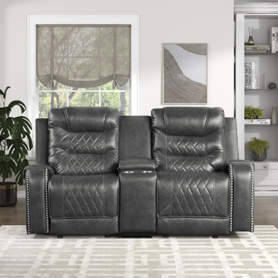 Denby 77.5" Traditional Faux Leather Manual Double Reclining Loveseat with Integrated Console with USB & Outlets, Soothing Gentle Gliding Motion