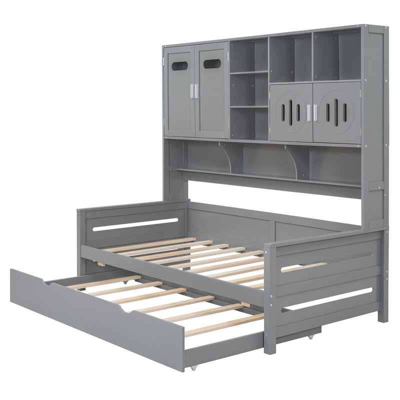 Wooden Daybed with Trundle, All-in-One Cabinet & Shelf, â€” Space-Saving Bed for Bedroom or Guest Room, Gray, Twin