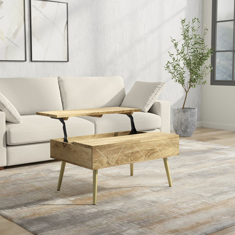 Jager 36"W Solid Mango Wood Contemporary Modern Lift Top Coffee Table with Hidden Storage and Geometric Brass Inlay