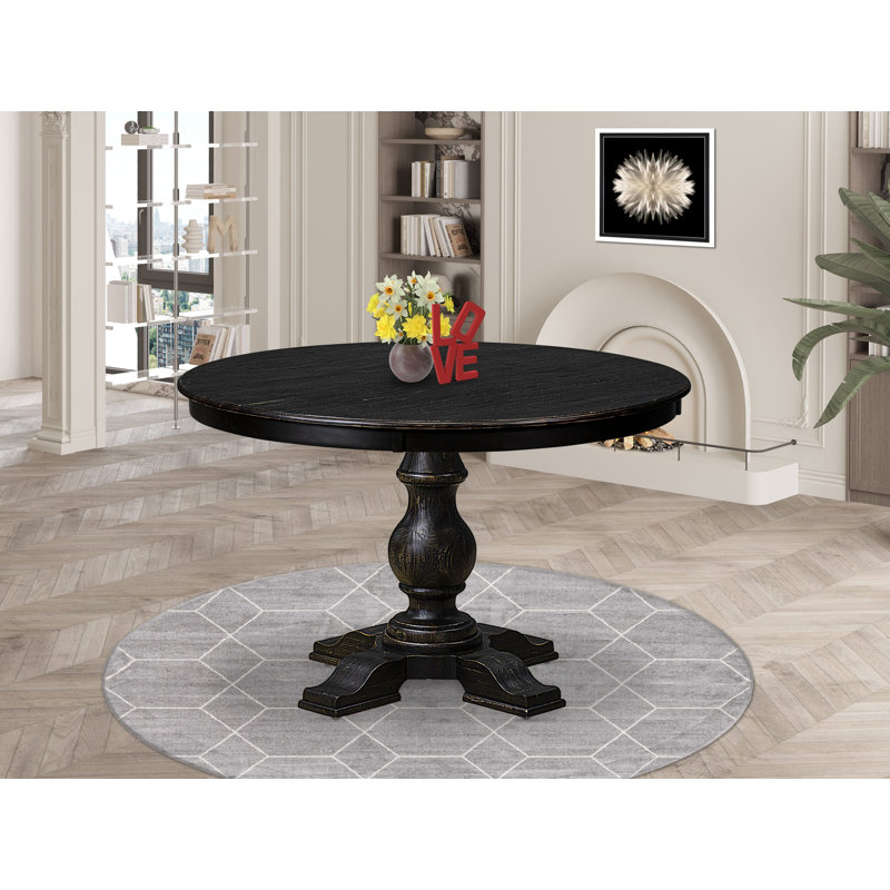 Table de salle à manger avec plateau rond en bois d'acacia, finition noire sablée, H 48 po x L 30 po x l 48 po, Noir sablé