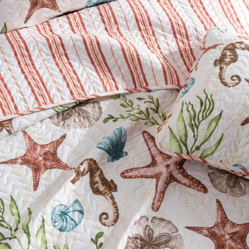 Full White Coastal Reversible Microfiber Quilt Set