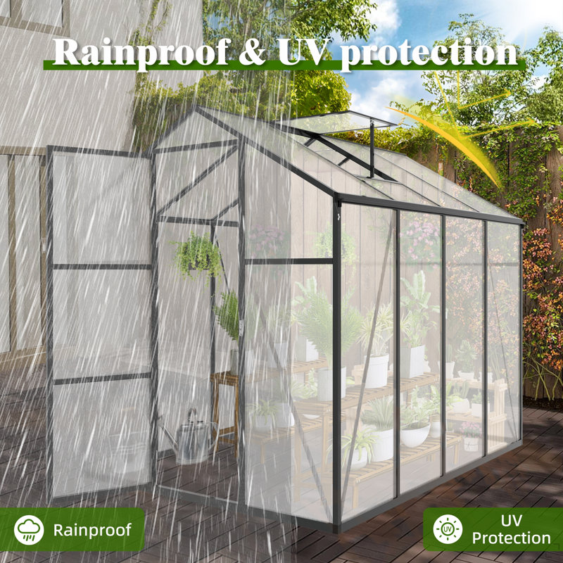 Gain Height Windproofaluminum Greenhouse 6X8 FT Polycarbonate Greenhouse Raised Base And Anchor Aluminum Heavy Duty Walk-In Greenhouses For Outdoor Backyard In All Season