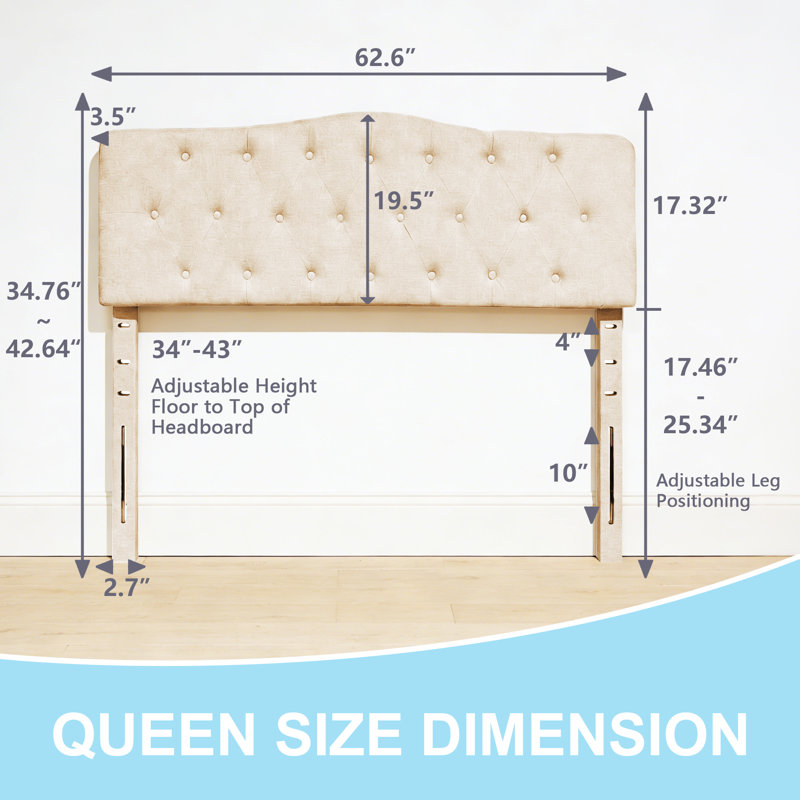 Linen Upholstered Headboard-Modern-Adjustable Height-Button Tufting, Queen, Beige