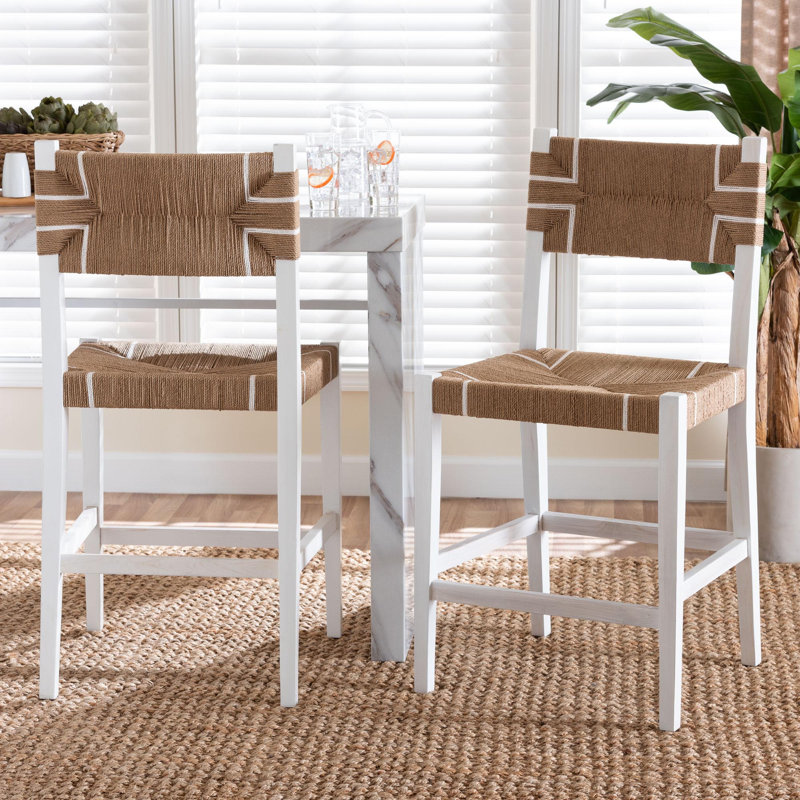 Hornersville Bohemian Paper Loom and White Mahogany Wood 2-Piece Bar Stool Set, Counter Stool(25" Seat Height)
