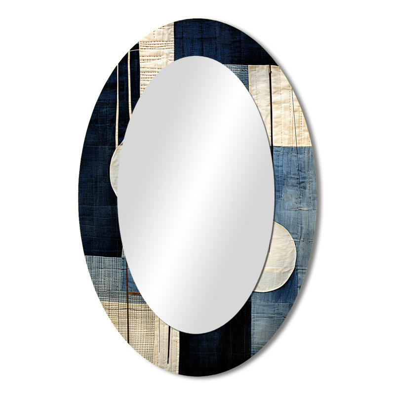 Blue Azure Geometric Collages - Blue Modern Oval Wall Mirror, 36" H x 24" W