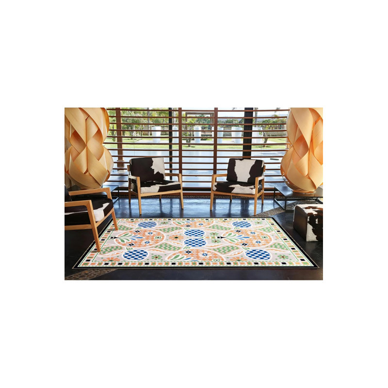 Orange Green Themed Geometric Figure And Flower Patterned Modern Decorative Carpet, Rectangle 4'8" x 6'7"