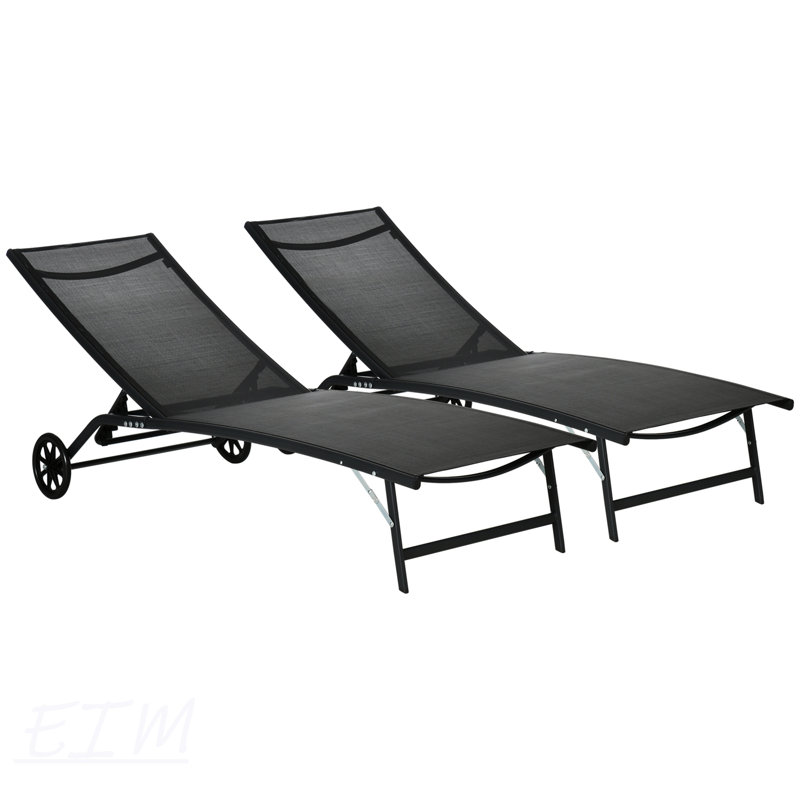 Chaise longue d'extérieur Outsunny, ensemble de 2 pièces avec roulettes et 5 positions réglables pour le patio, la plage, la cour, la piscine, noir