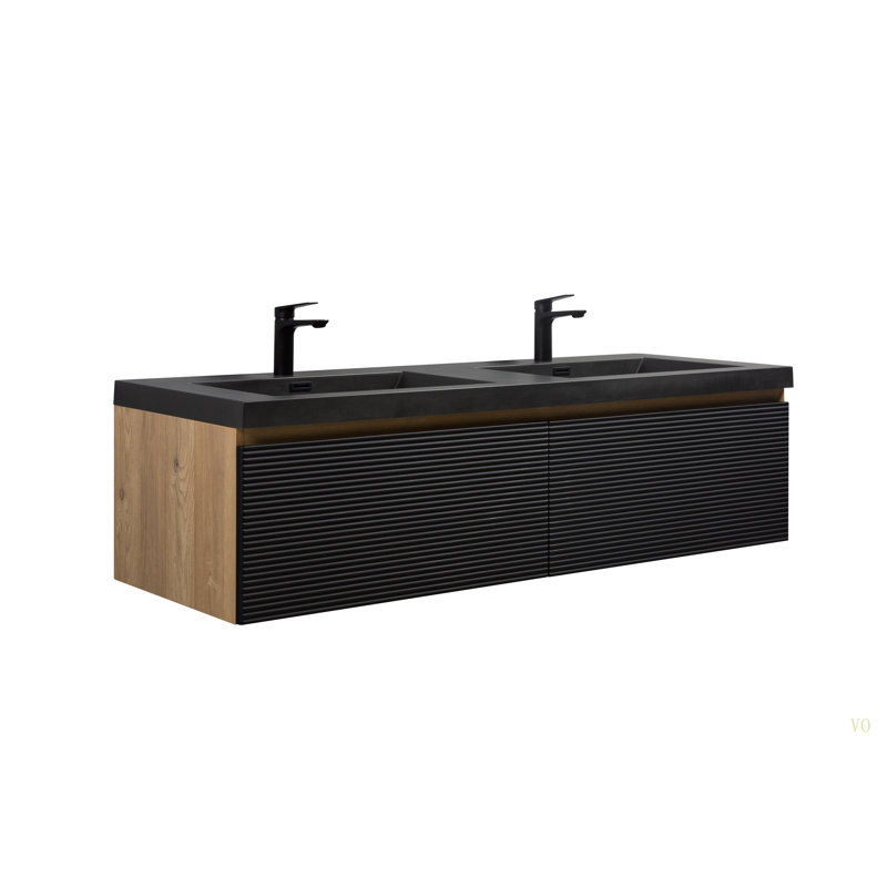 Meuble-lavabo mural 60 po avec deux lavabos, meuble-lavabo mural moderne avec comptoir et tiroirs à fermeture en douceur