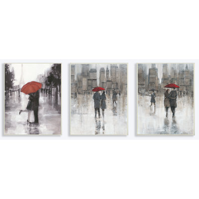 «Rain in the City Couple with Red Umbrella», ensemble de 3 reproductions de peintures à l'huile sur bois