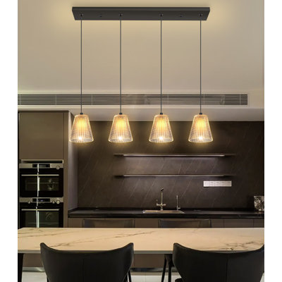 Lustre rectangulaire moderne en verre 4 lumières DEL noir à intensité variable