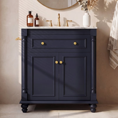 Meuble-lavabo traditionnel de 30,3 po avec lavabo, autoportant, portes doubles, tiroir de rangement, barre à serviettes, lavabo en céramique intégré