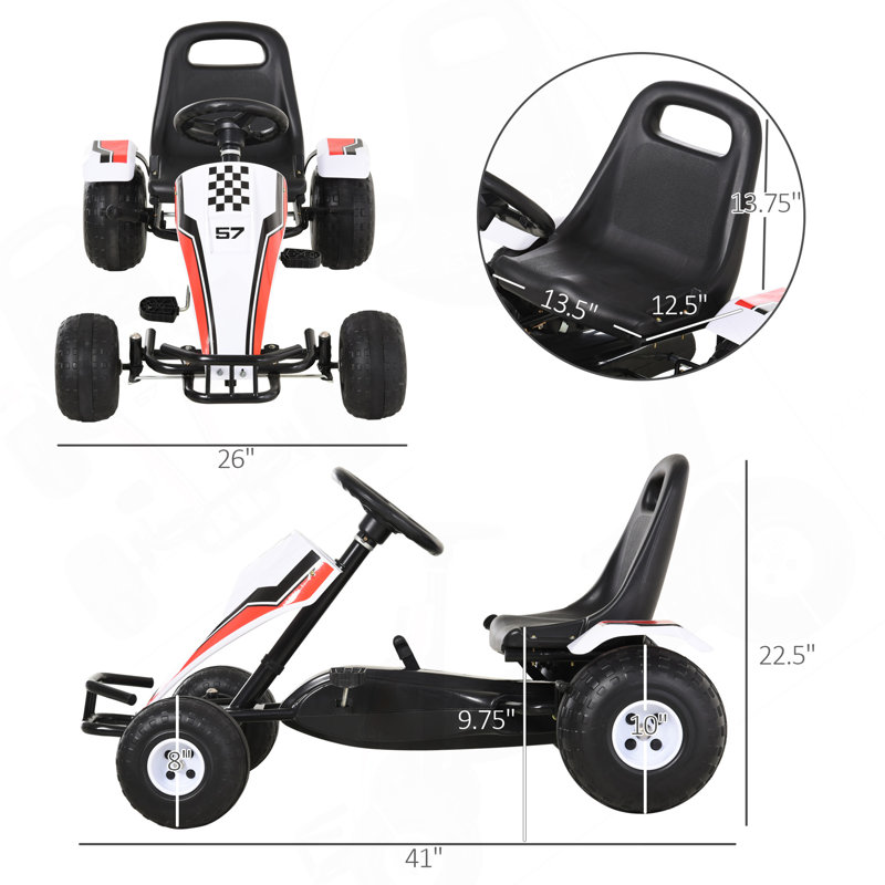 Pédale de karting pour enfants sur une voiture de course avec siège réglable, roues en plastique, frein à main et levier de vitesses, blanc