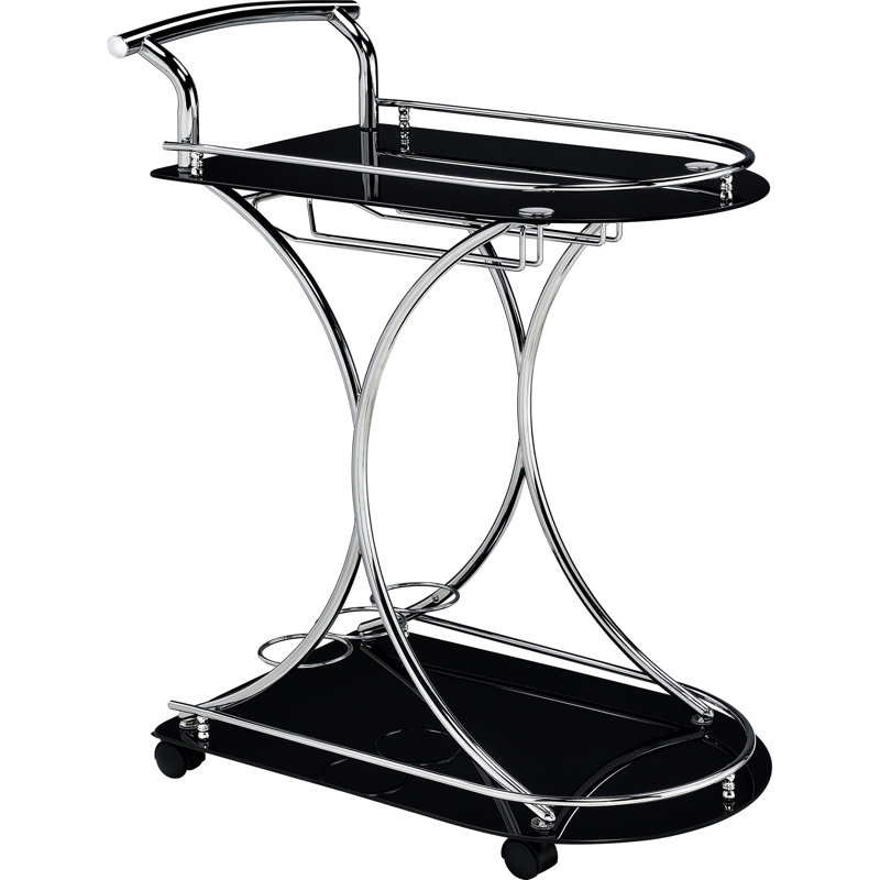 2 Black And Glass Shelf Bar Cart For Contemporary Dining Room, Featuring Storage 26.5 Inches Wide Metal With Offering Smooth Movement Additional Display, 34.56 Tall