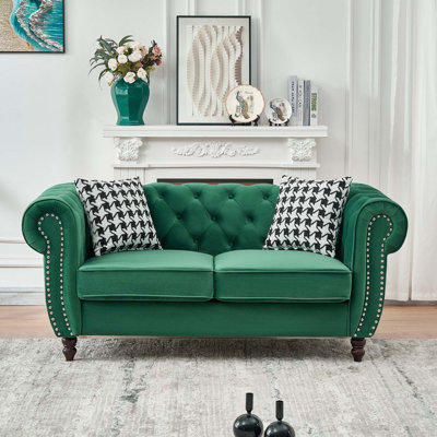 Mid-Century Modern Velvet Upholstered 2-Seater Sofa With Roll Armrests And Nailhead Trim,  For Living Rooms And Offices