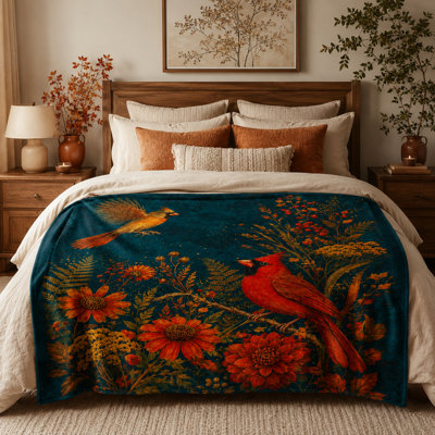 Autumn Cardinal Throw Blanket with Red Birds, Wildflowers and Berry Branches, Flannel Layer for Sofa, Bedroom, Reading Nook and Rustic Spaces, 60 x 80 in