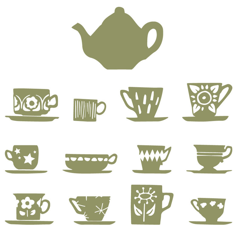Décalcomanie murale tasses de thé, H 32 po x l 33 po x P 0,01 po, Olive