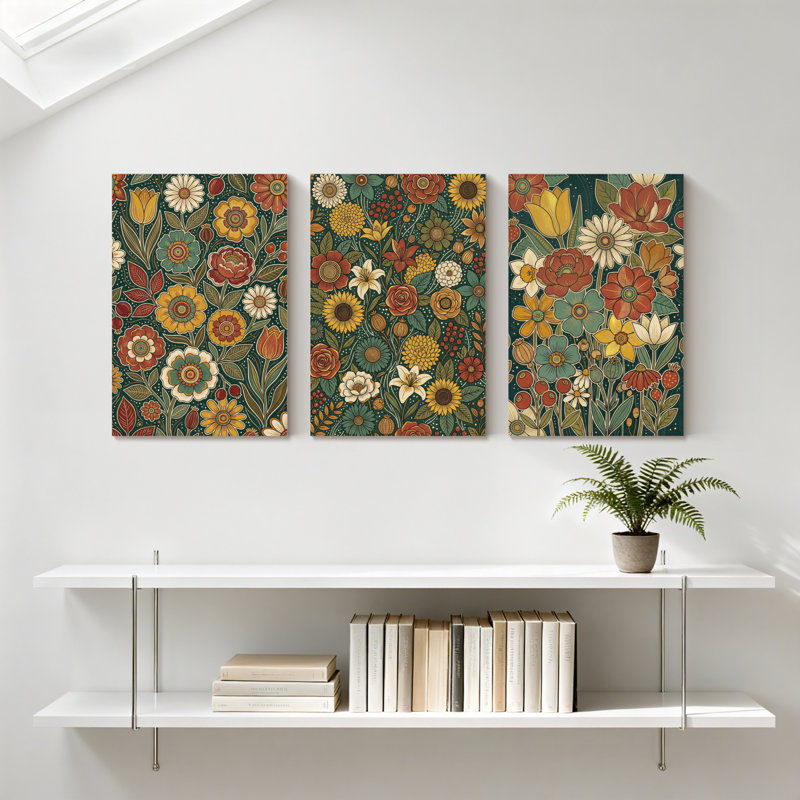 Plantes et fleurs, motif floral avec couleurs vives et feuilles, ensemble de 3 impressions sur toile, H 24 po x l 48 po