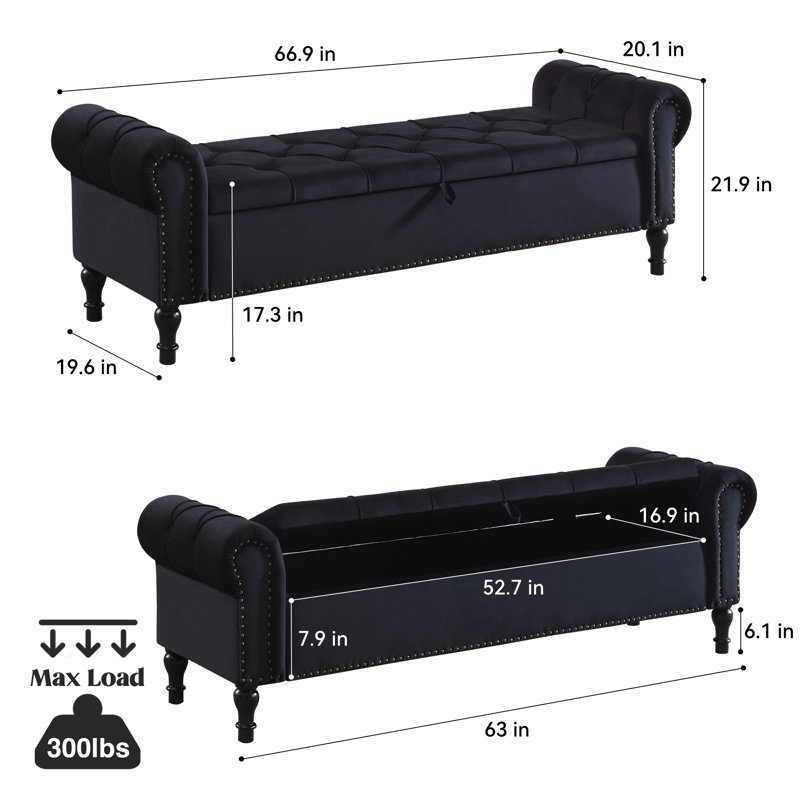 Banc de rangement rembourré 66,9 po, Noir