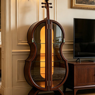 Armoire à vin en forme de violoncelle en bois massif brun foncé H 61,02 po x l 25,98 po, double porte vitrée pour le vin et les objets de collection