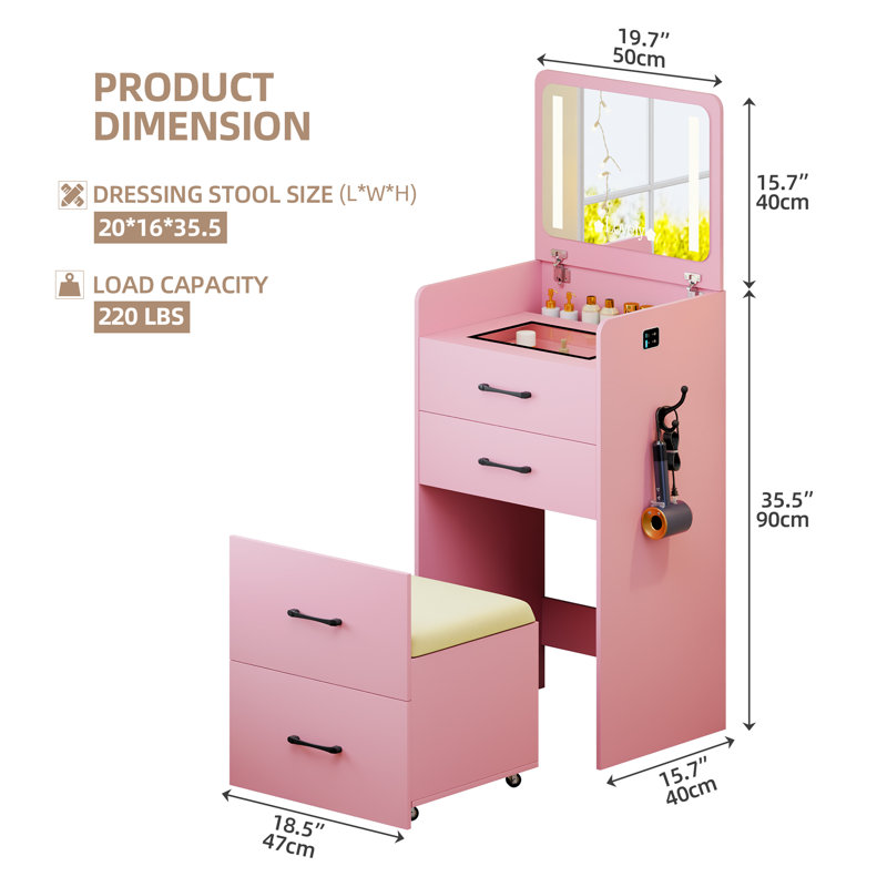 Dressing Table with Mirror, Black, Pink