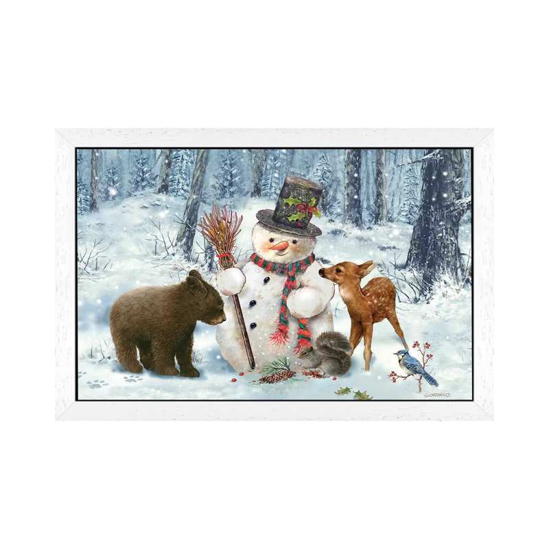Woodland Snowman - Floater Frame Print on Canvas, White Framed