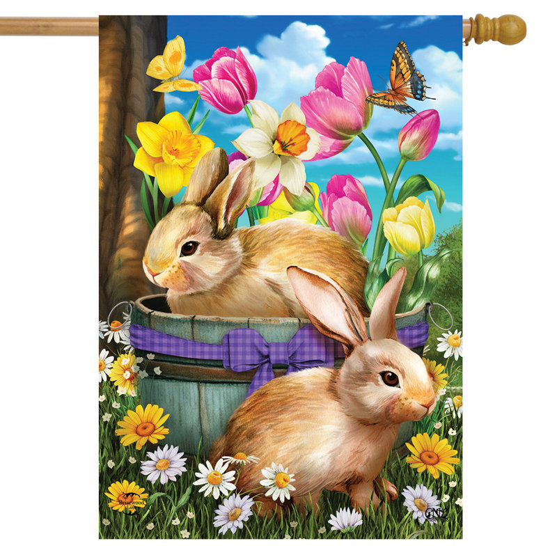 Drapeau de maison Spring Bunny Basket, Lapin brun/rose/jaune
