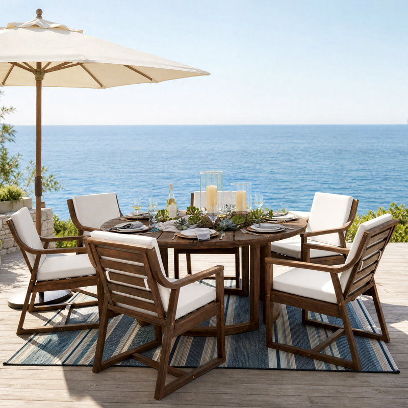 7-Piece Round Acacia Wood Patio Dining Set with Ergonomic Chairs and Removable Cushions, Mocha